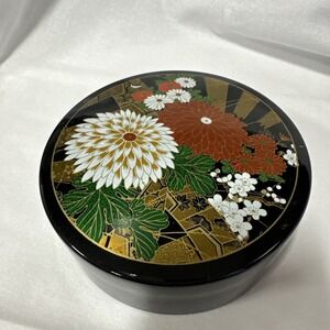 Vtg Made In Japan Trinket Box Round Lid Black Gold Red Flowers Leaves